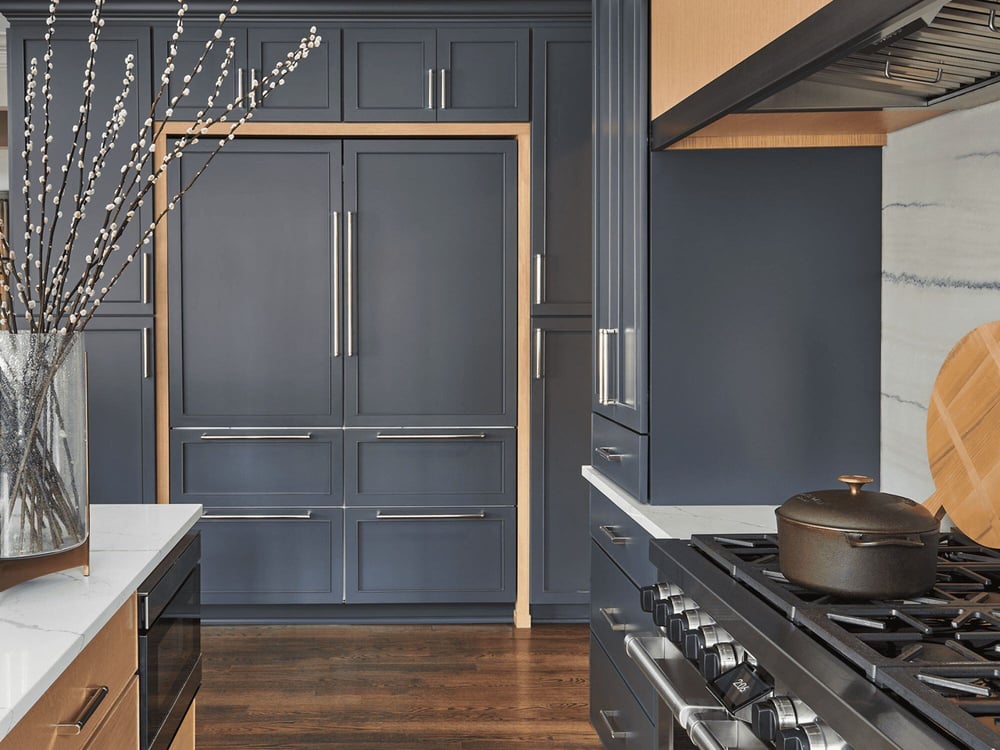 Paneled Appliances in Modern Kitchen Renovation in DC with Blue Paint Color