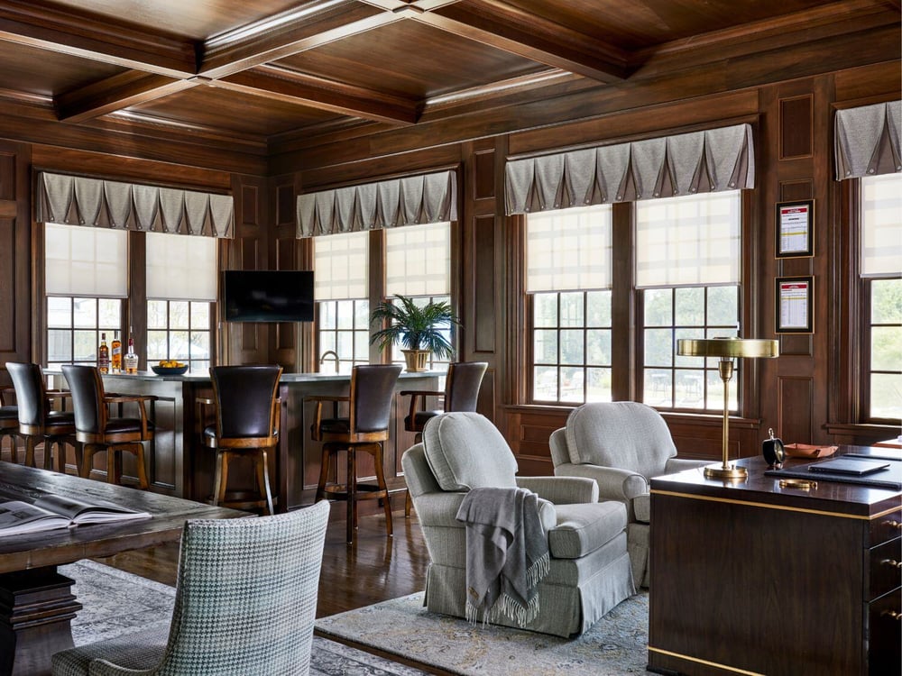 Traditional Dark Wood Home Office with Bar and Coffered Ceilings in DC