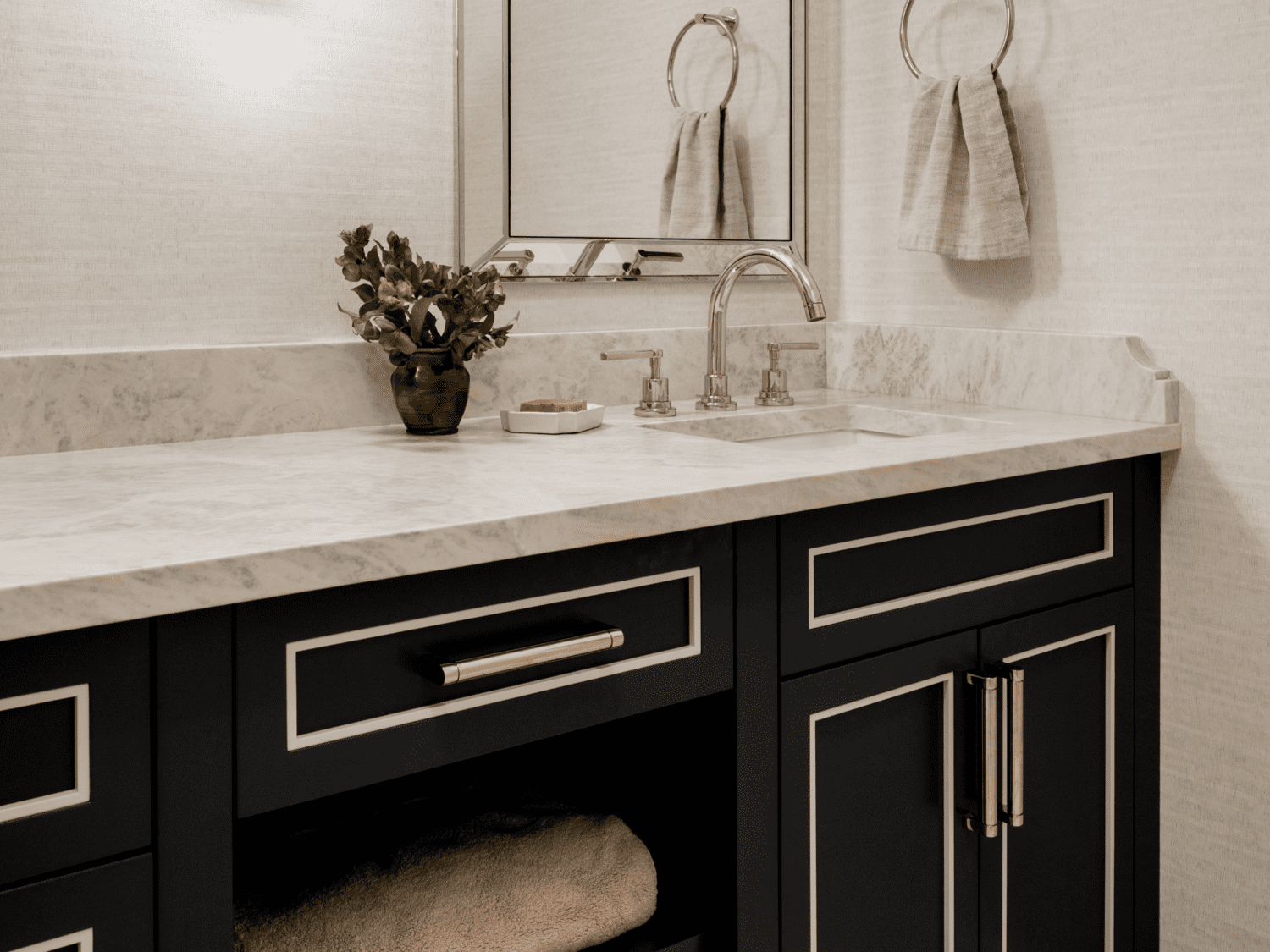 Bathroom Remodel with Dark Cabinets and Seat at Vanity