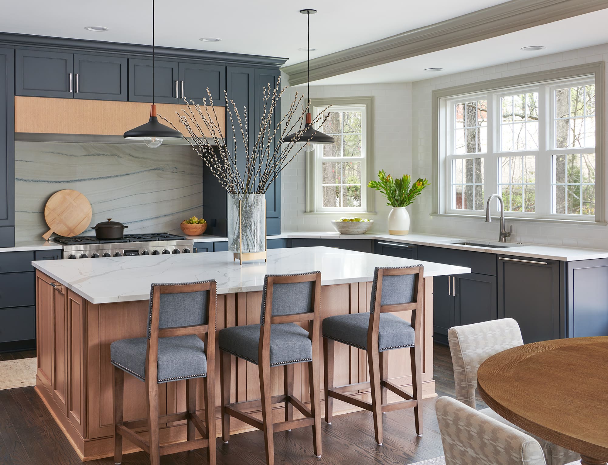 Kitchen Renovation in DC with Blue Cabinets and Wood Island