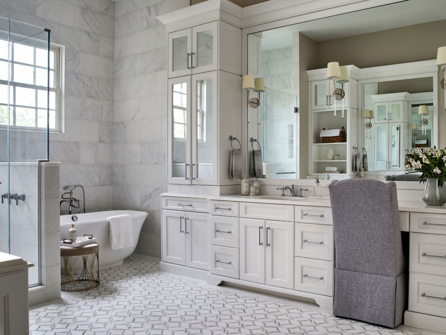 Modern Classic Bathroom Remodel with Soaking Tub, Large Mirror and Seated Vanity in DC